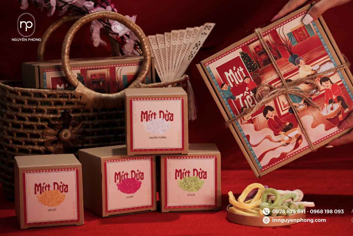 in tem mứt dừa đẹp trọn bộ quà tặng